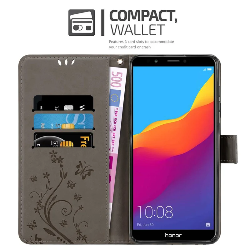 Cadorabo Hülle kompatibel mit Honor 7C / Huawei Y7 2018 Schutzhülle im Blumen Design mit Magnetverschluss, Standfunktion und Kartenfächern