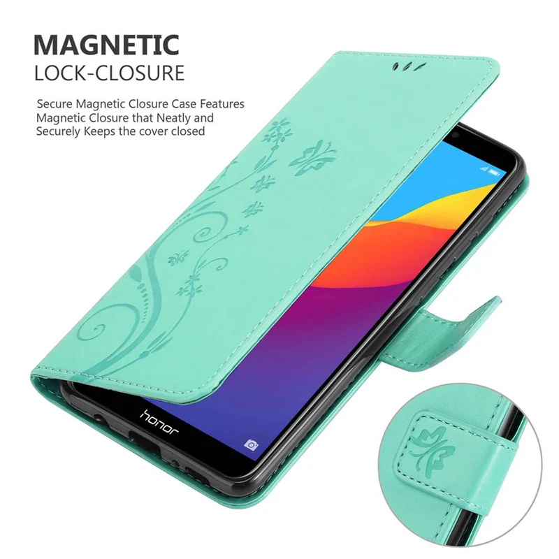 Cadorabo Hülle kompatibel mit Honor 7C / Huawei Y7 2018 Schutzhülle im Blumen Design mit Magnetverschluss, Standfunktion und Kartenfächern