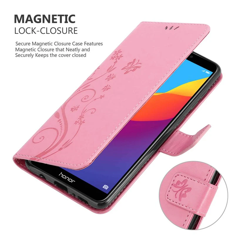 Cadorabo Hülle kompatibel mit Honor 7C / Huawei Y7 2018 Schutzhülle im Blumen Design mit Magnetverschluss, Standfunktion und Kartenfächern