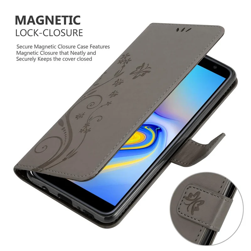 Cadorabo Hülle kompatibel mit Samsung Galaxy J6 PLUS Schutzhülle im Blumen Design mit Magnetverschluss, Standfunktion und Kartenfächern
