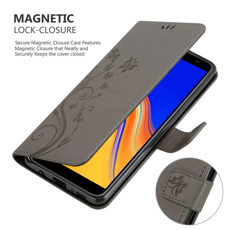Cadorabo Hülle kompatibel mit Samsung Galaxy J4 PLUS Schutzhülle im Blumen Design mit Magnetverschluss, Standfunktion und Kartenfächern