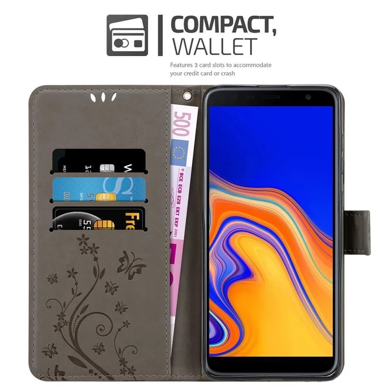 Cadorabo Hülle kompatibel mit Samsung Galaxy J4 PLUS Schutzhülle im Blumen Design mit Magnetverschluss, Standfunktion und Kartenfächern