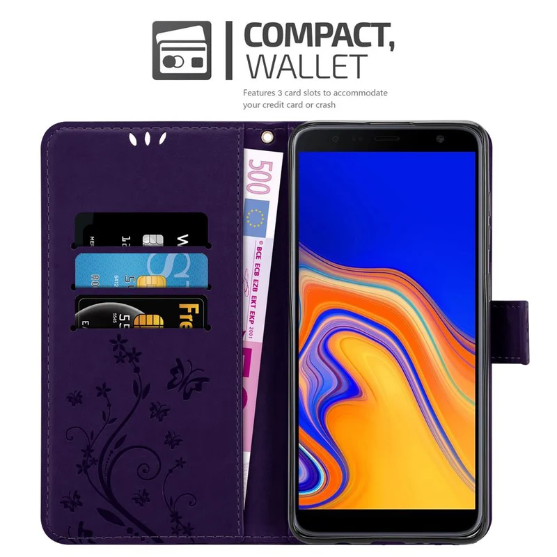 Cadorabo Hülle kompatibel mit Samsung Galaxy J4 PLUS Schutzhülle im Blumen Design mit Magnetverschluss, Standfunktion und Kartenfächern
