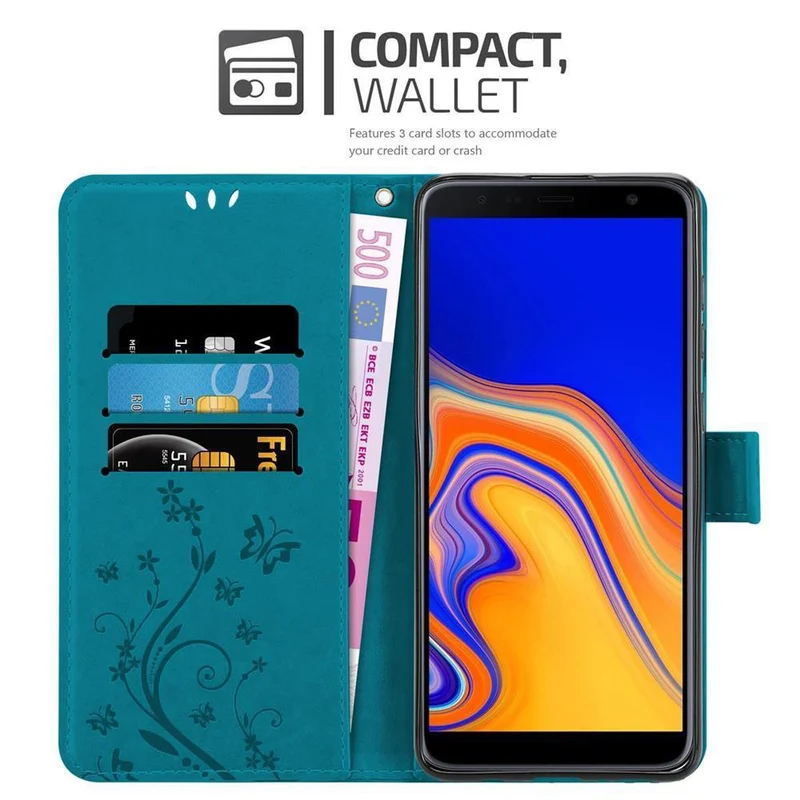 Cadorabo Hülle kompatibel mit Samsung Galaxy J4 PLUS Schutzhülle im Blumen Design mit Magnetverschluss, Standfunktion und Kartenfächern