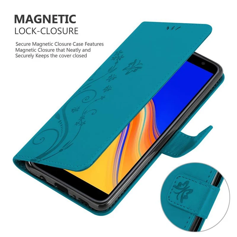 Cadorabo Hülle kompatibel mit Samsung Galaxy J4 PLUS Schutzhülle im Blumen Design mit Magnetverschluss, Standfunktion und Kartenfächern