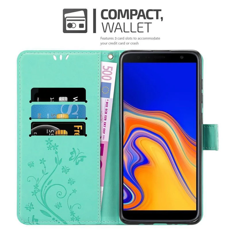 Cadorabo Hülle kompatibel mit Samsung Galaxy J4 PLUS Schutzhülle im Blumen Design mit Magnetverschluss, Standfunktion und Kartenfächern