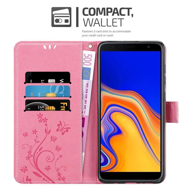 Cadorabo Hülle kompatibel mit Samsung Galaxy J4 PLUS Schutzhülle im Blumen Design mit Magnetverschluss, Standfunktion und Kartenfächern
