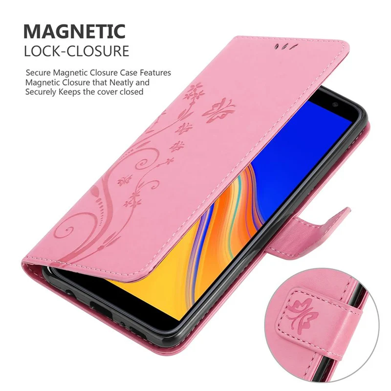 Cadorabo Hülle kompatibel mit Samsung Galaxy J4 PLUS Schutzhülle im Blumen Design mit Magnetverschluss, Standfunktion und Kartenfächern