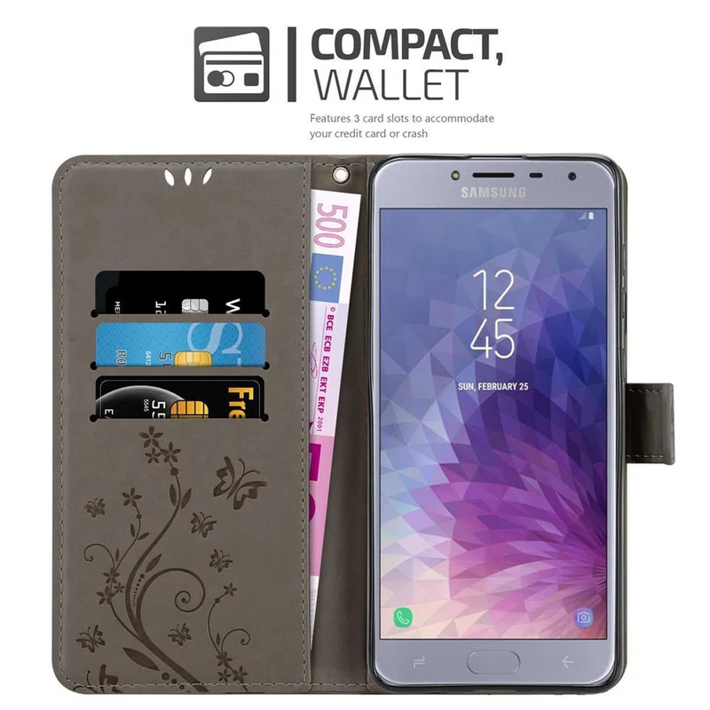 Cadorabo Hülle kompatibel mit Samsung Galaxy J4 2018 Schutzhülle im Blumen Design mit Magnetverschluss, Standfunktion und Kartenfächern