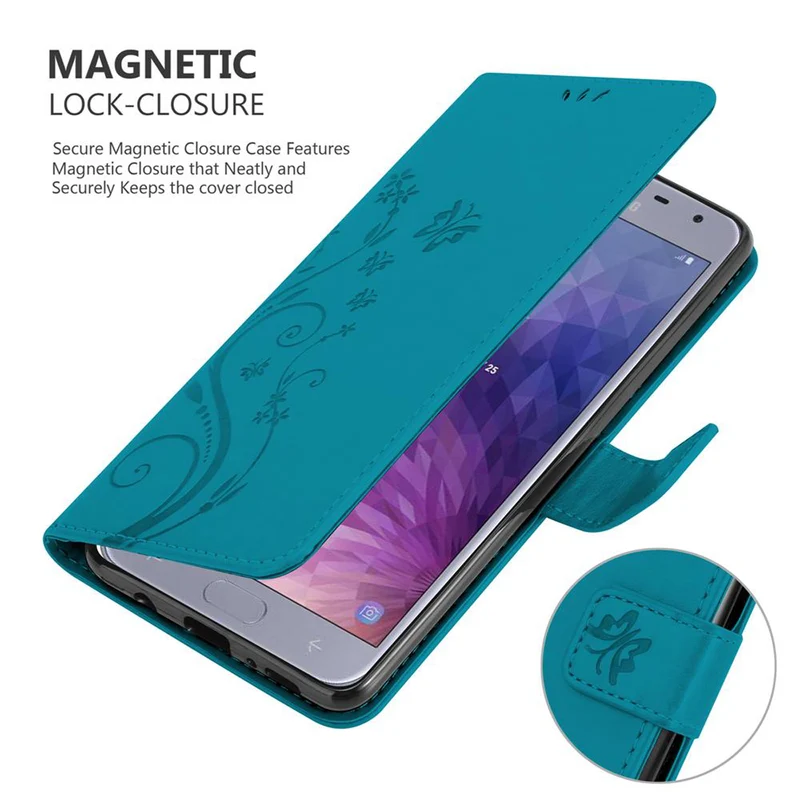Cadorabo Hülle kompatibel mit Samsung Galaxy J4 2018 Schutzhülle im Blumen Design mit Magnetverschluss, Standfunktion und Kartenfächern