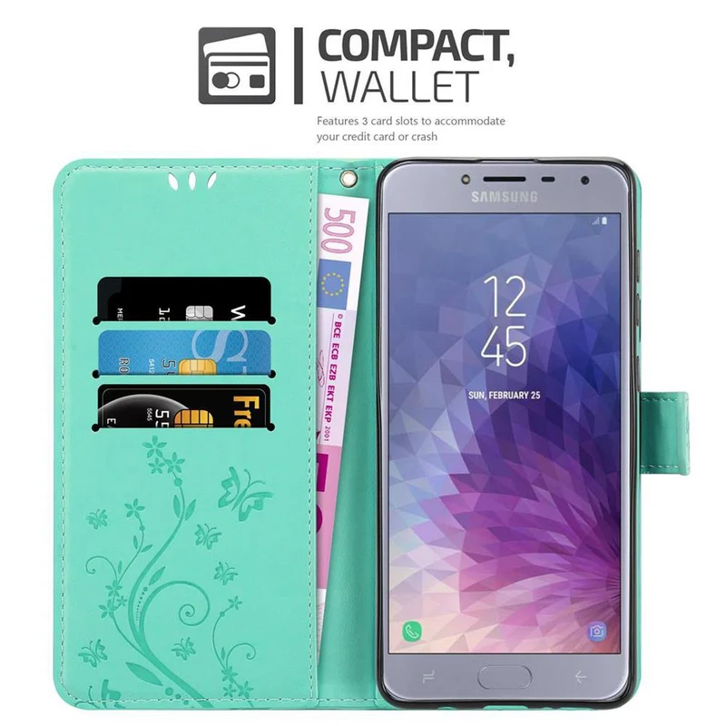 Cadorabo Hülle kompatibel mit Samsung Galaxy J4 2018 Schutzhülle im Blumen Design mit Magnetverschluss, Standfunktion und Kartenfächern