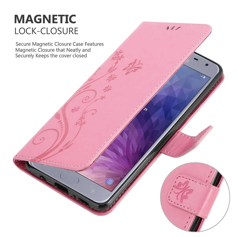 Cadorabo Hülle kompatibel mit Samsung Galaxy J4 2018 Schutzhülle im Blumen Design mit Magnetverschluss, Standfunktion und Kartenfächern