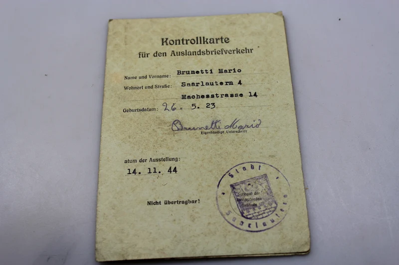 Kontrollkarte für den Auslandsbriefverkerh