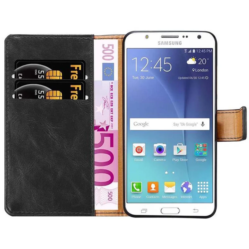 Cadorabo Hülle kompatibel mit Samsung Galaxy J7 2015 Schutzhülle mit Magnetverschluss, Standfunktion und Kartenfach