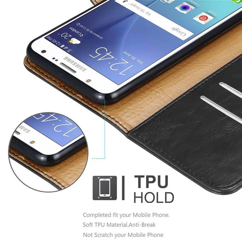 Cadorabo Hülle kompatibel mit Samsung Galaxy J7 2015 Schutzhülle mit Magnetverschluss, Standfunktion und Kartenfach