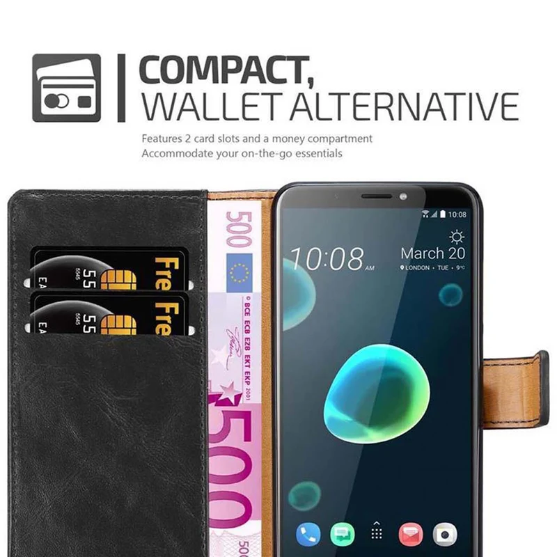 Cadorabo Hülle kompatibel mit HTC Desire 12 PLUS Schutzhülle mit Magnetverschluss, Standfunktion und Kartenfach