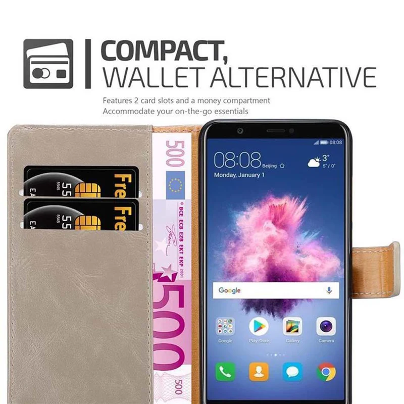 Cadorabo Hülle kompatibel mit Huawei P SMART 2018 / Enjoy 7S Schutzhülle mit Magnetverschluss, Standfunktion und Kartenfach