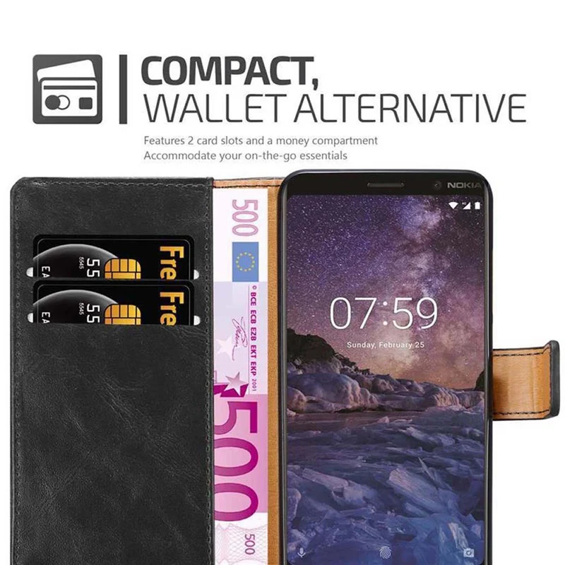 Cadorabo Hülle kompatibel mit Nokia 7 PLUS Schutzhülle mit Magnetverschluss, Standfunktion und Kartenfach