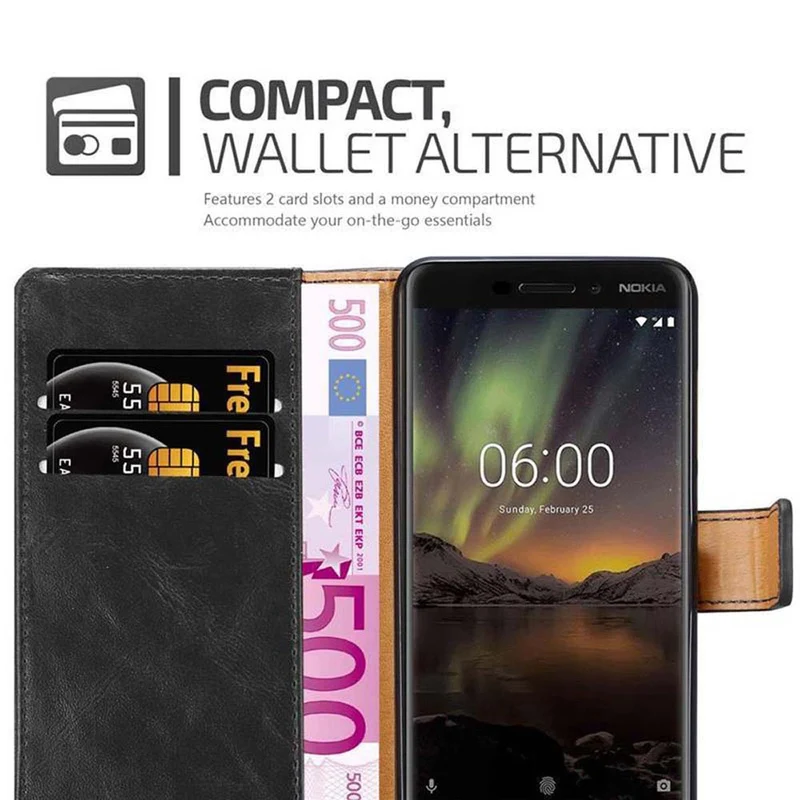 Cadorabo Hülle kompatibel mit Nokia 6,1 Schutzhülle mit Magnetverschluss, Standfunktion und Kartenfach