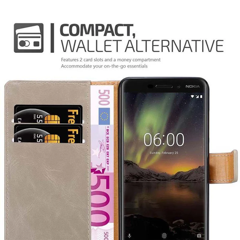 Cadorabo Hülle kompatibel mit Nokia 6,1 Schutzhülle mit Magnetverschluss, Standfunktion und Kartenfach