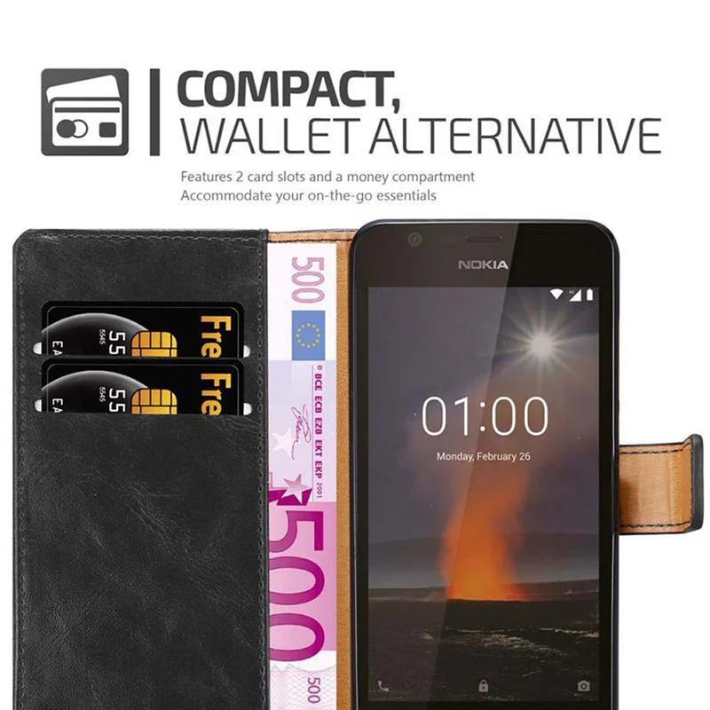 Cadorabo Hülle kompatibel mit Nokia 1 2018 Schutzhülle mit Magnetverschluss, Standfunktion und Kartenfach
