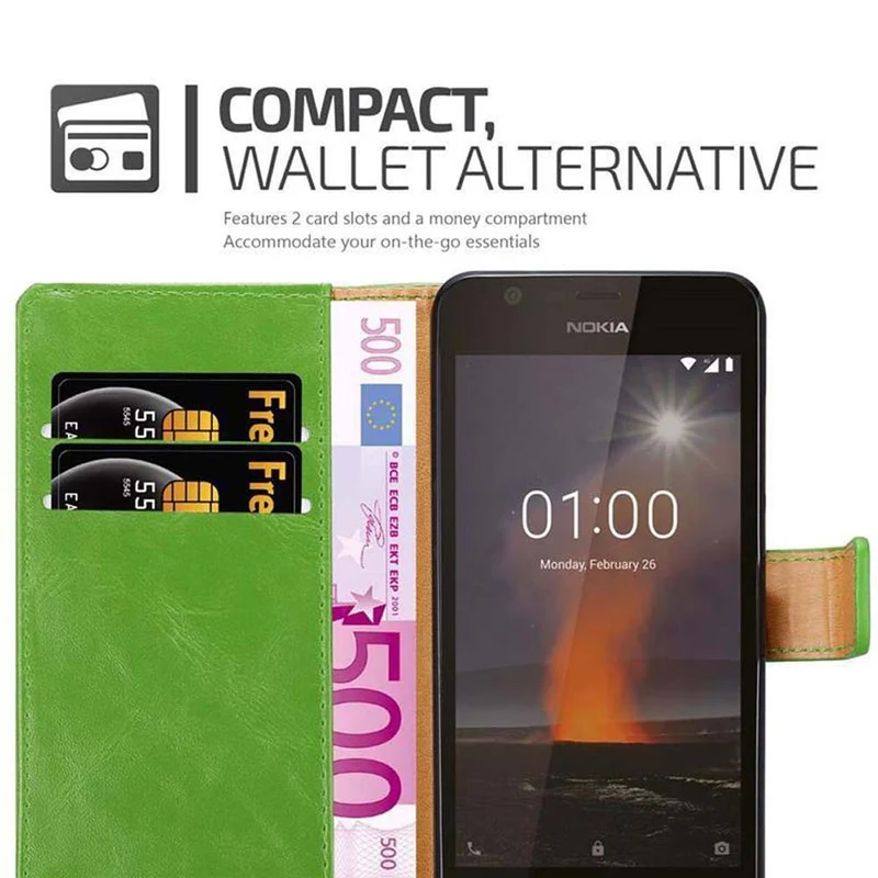 Cadorabo Hülle kompatibel mit Nokia 1 2018 Schutzhülle mit Magnetverschluss, Standfunktion und Kartenfach