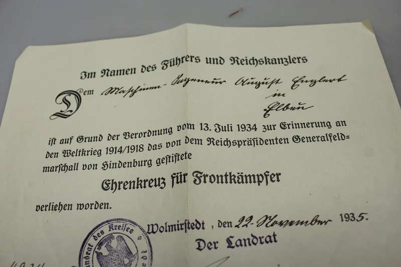 Frontkämpferkreuz 1914/18 mit Urkunde