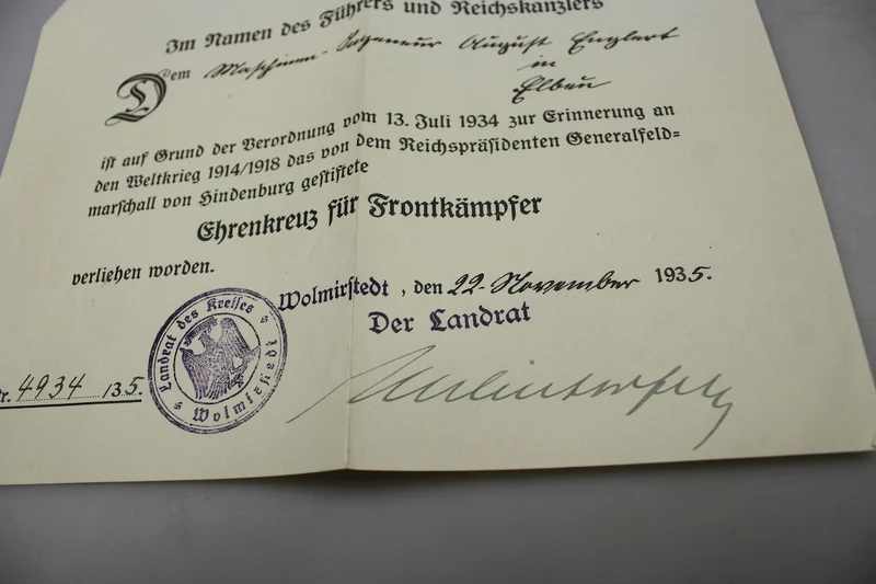 Frontkämpferkreuz 1914/18 mit Urkunde