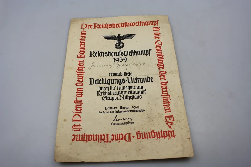 Teilnahmebescheinigung am Reichsberufswettkampf Berlin 1939