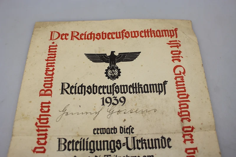 Teilnahmebescheinigung am Reichsberufswettkampf Berlin 1939
