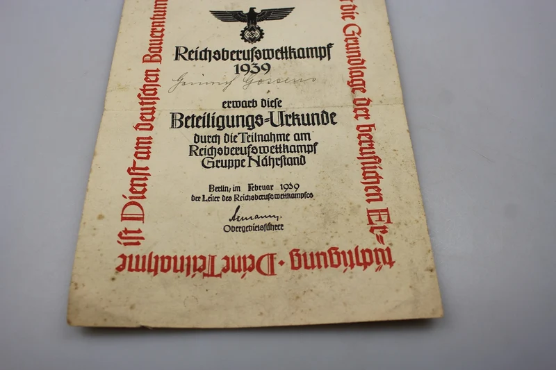 Teilnahmebescheinigung am Reichsberufswettkampf Berlin 1939