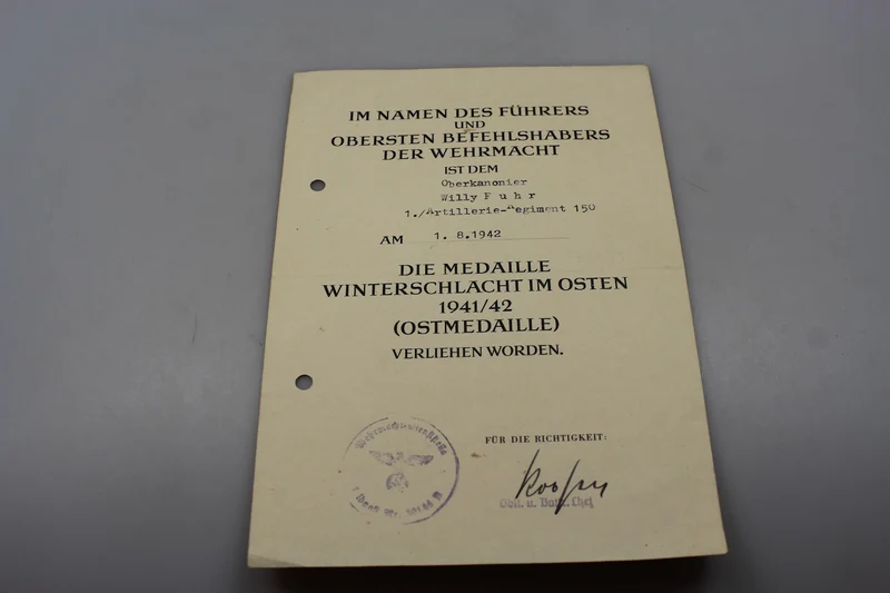 Ostmedaille-Verleihungsurkunde 1941/42