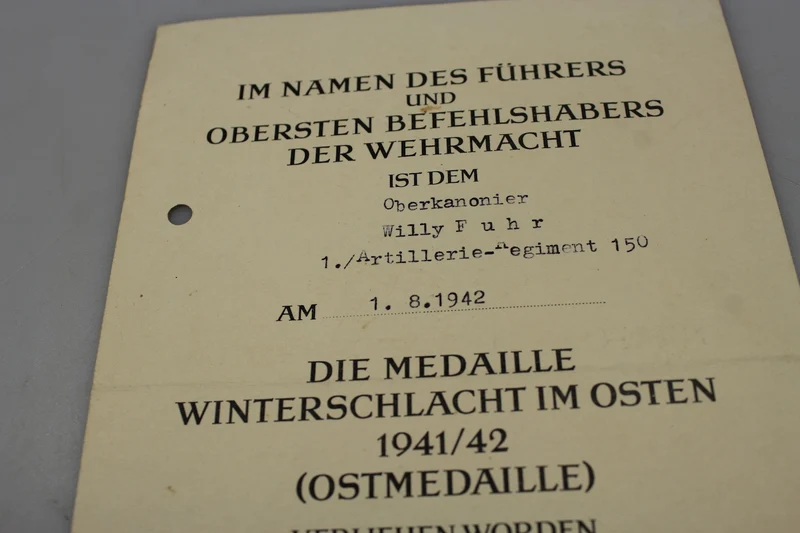 Ostmedaille-Verleihungsurkunde 1941/42
