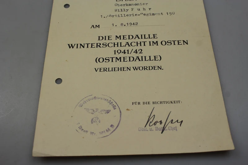 Ostmedaille-Verleihungsurkunde 1941/42
