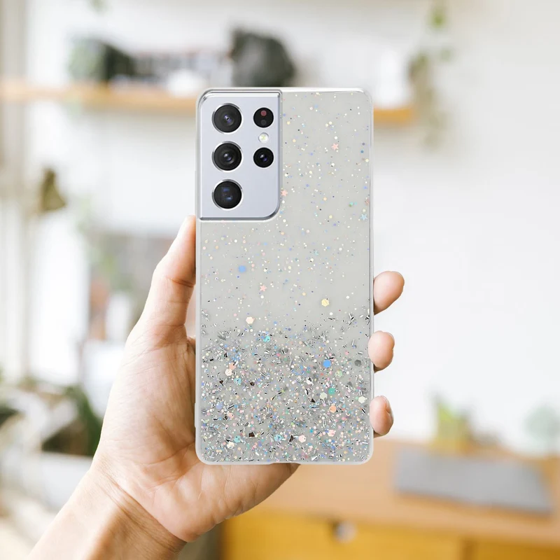 Cadorabo Hülle kompatibel mit Samsung Galaxy S21 ULTRA Schutzhülle aus flexiblem TPU Silikon mit funkelnden Glitter
