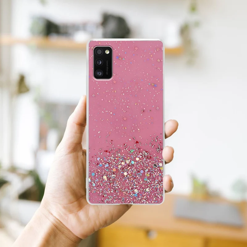 Cadorabo Hülle kompatibel mit Samsung Galaxy A41 Schutzhülle aus flexiblem TPU Silikon mit funkelnden Glitter