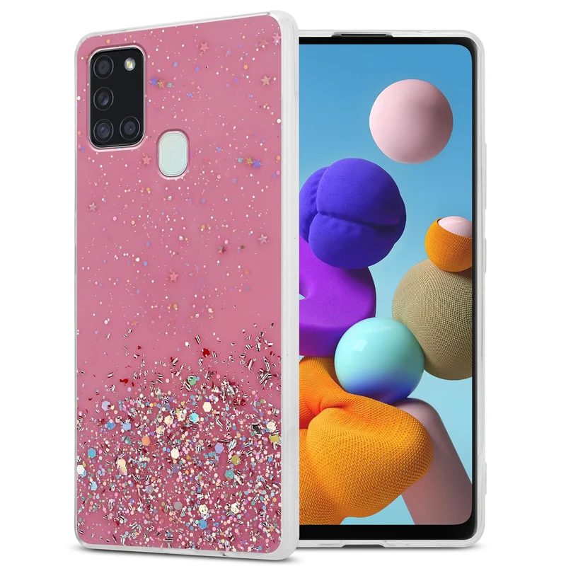 Cadorabo Hülle kompatibel mit Samsung Galaxy A21s Schutzhülle aus flexiblem TPU Silikon mit funkelnden Glitter
