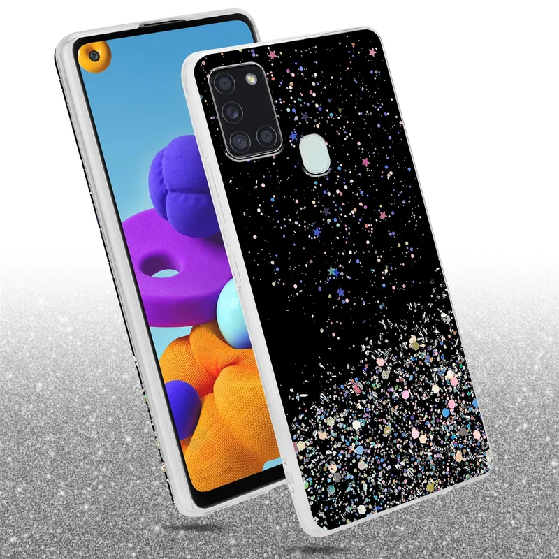 Cadorabo Hülle kompatibel mit Samsung Galaxy A21s Schutzhülle aus flexiblem TPU Silikon mit funkelnden Glitter