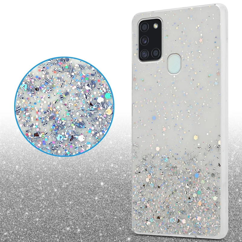 Cadorabo Hülle kompatibel mit Samsung Galaxy A21s Schutzhülle aus flexiblem TPU Silikon mit funkelnden Glitter