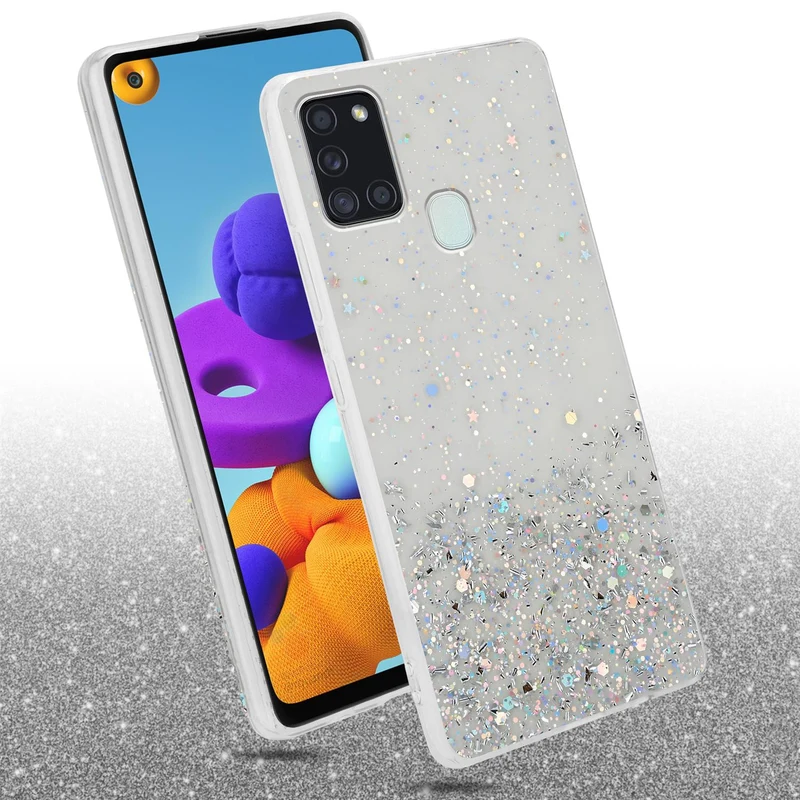 Cadorabo Hülle kompatibel mit Samsung Galaxy A21s Schutzhülle aus flexiblem TPU Silikon mit funkelnden Glitter