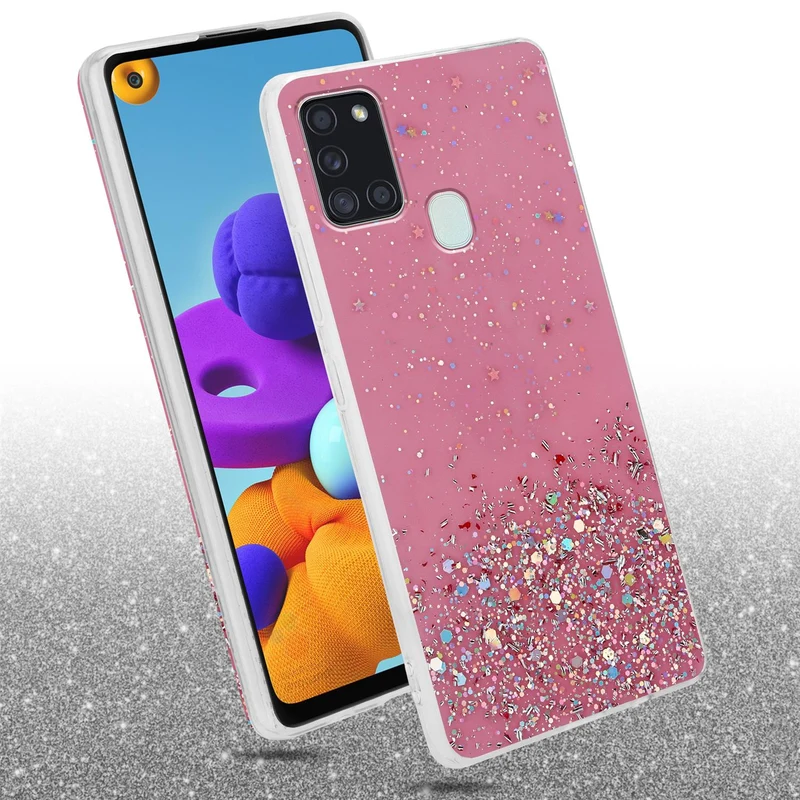 Cadorabo Hülle kompatibel mit Samsung Galaxy A21s Schutzhülle aus flexiblem TPU Silikon mit funkelnden Glitter
