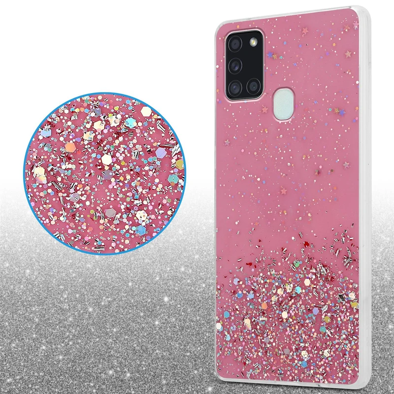 Cadorabo Hülle kompatibel mit Samsung Galaxy A21s Schutzhülle aus flexiblem TPU Silikon mit funkelnden Glitter