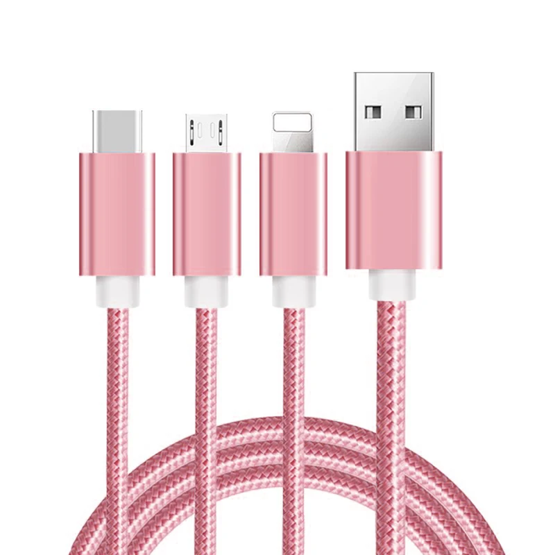 Cadorabo 3 in 1 Nylon Aufladekabel 3m 3m lang USB Mehrfach Aufladekabel- Multi- USB-C, Lightning, Micro USB