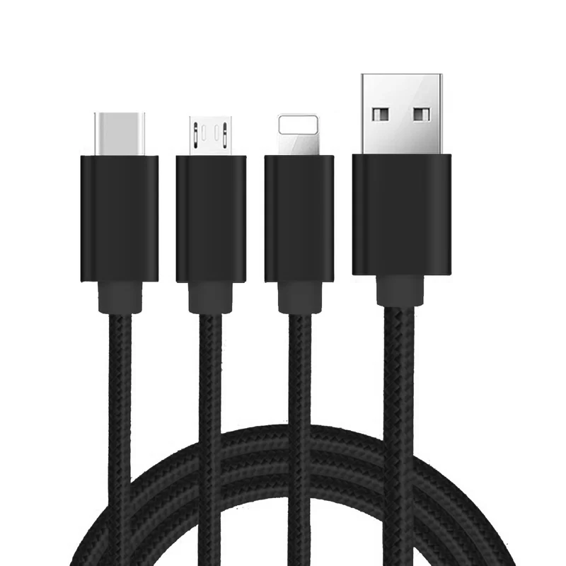 Cadorabo 3 in 1 Nylon Aufladekabel 3m 3m lang USB Mehrfach Aufladekabel- Multi- USB-C, Lightning, Micro USB