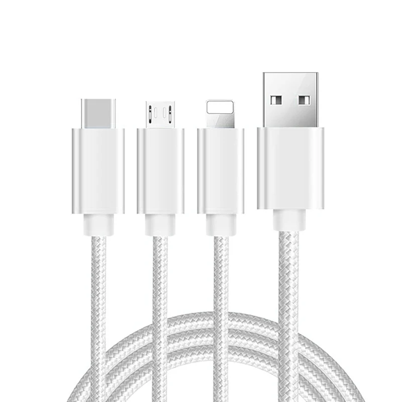 Cadorabo 3 in 1 Nylon Aufladekabel 3m 3m lang USB Mehrfach Aufladekabel- Multi- USB-C, Lightning, Micro USB