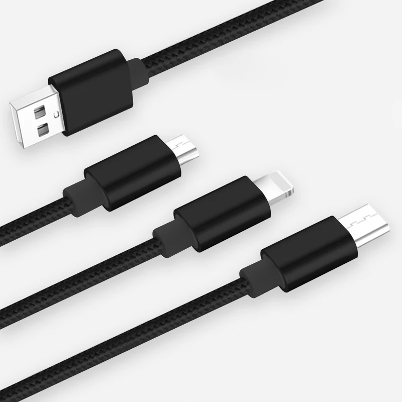 Cadorabo 3 in 1 Nylon Aufladekabel 3m 3m lang USB Mehrfach Aufladekabel- Multi- USB-C, Lightning, Micro USB