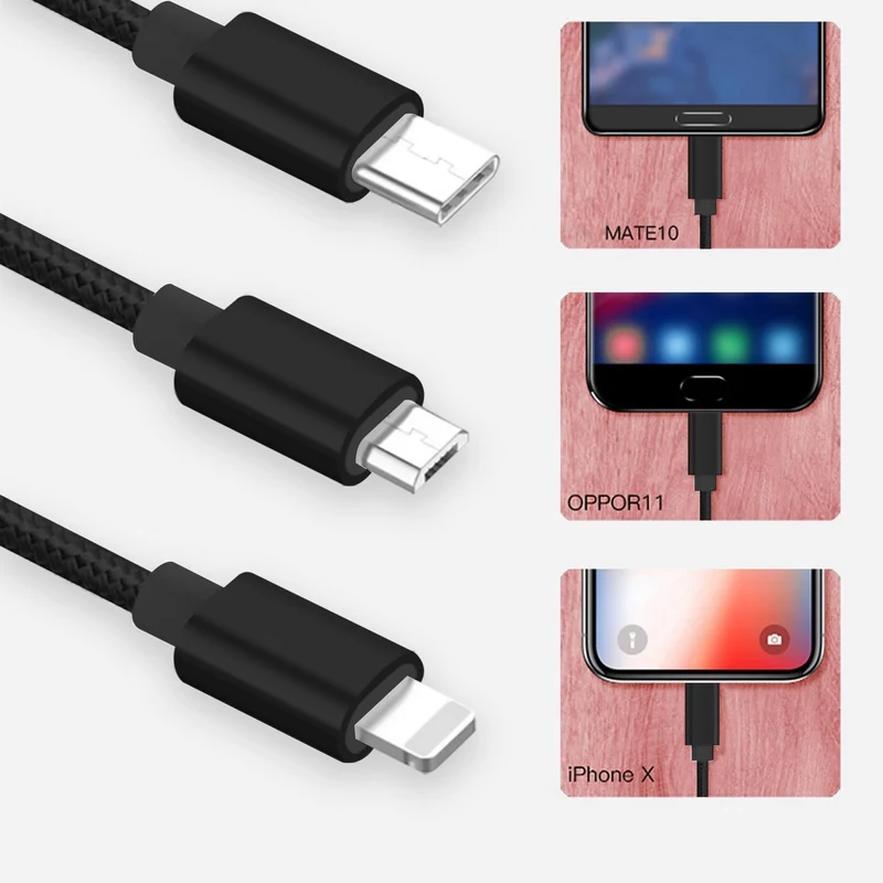 Cadorabo 3 in 1 Nylon Aufladekabel 3m 3m lang USB Mehrfach Aufladekabel- Multi- USB-C, Lightning, Micro USB