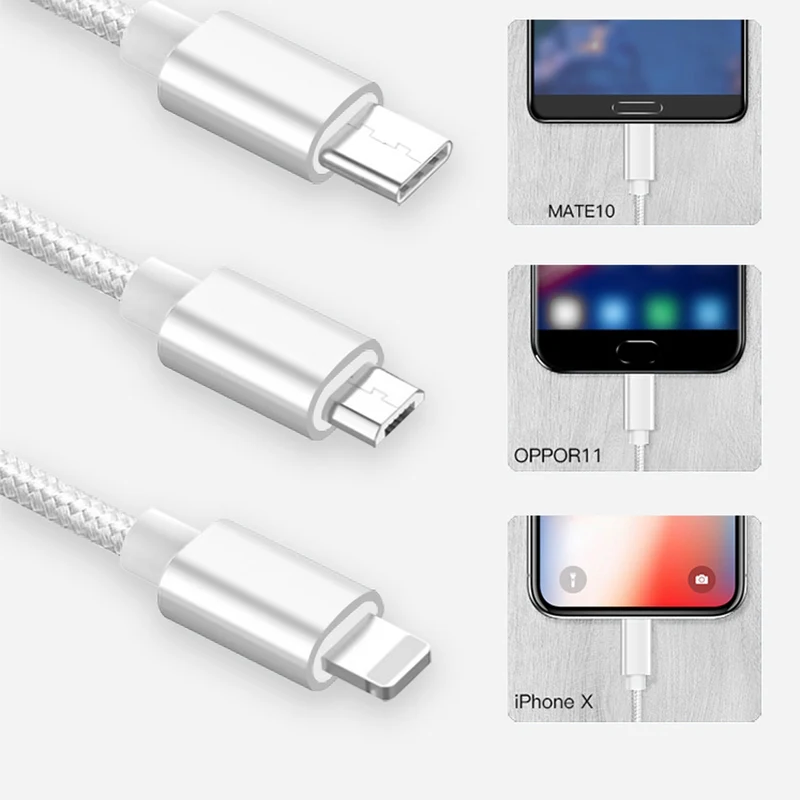 Cadorabo 3 in 1 Nylon Aufladekabel 3m 3m lang USB Mehrfach Aufladekabel- Multi- USB-C, Lightning, Micro USB
