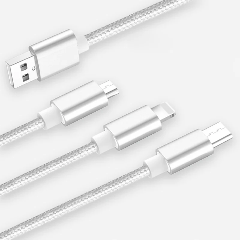 Cadorabo 3 in 1 Nylon Aufladekabel 3m 3m lang USB Mehrfach Aufladekabel- Multi- USB-C, Lightning, Micro USB