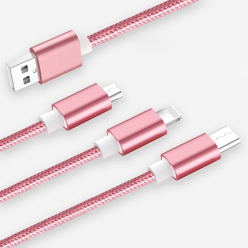Cadorabo 3 in 1 Nylon Aufladekabel 3m 3m lang USB Mehrfach Aufladekabel- Multi- USB-C, Lightning, Micro USB